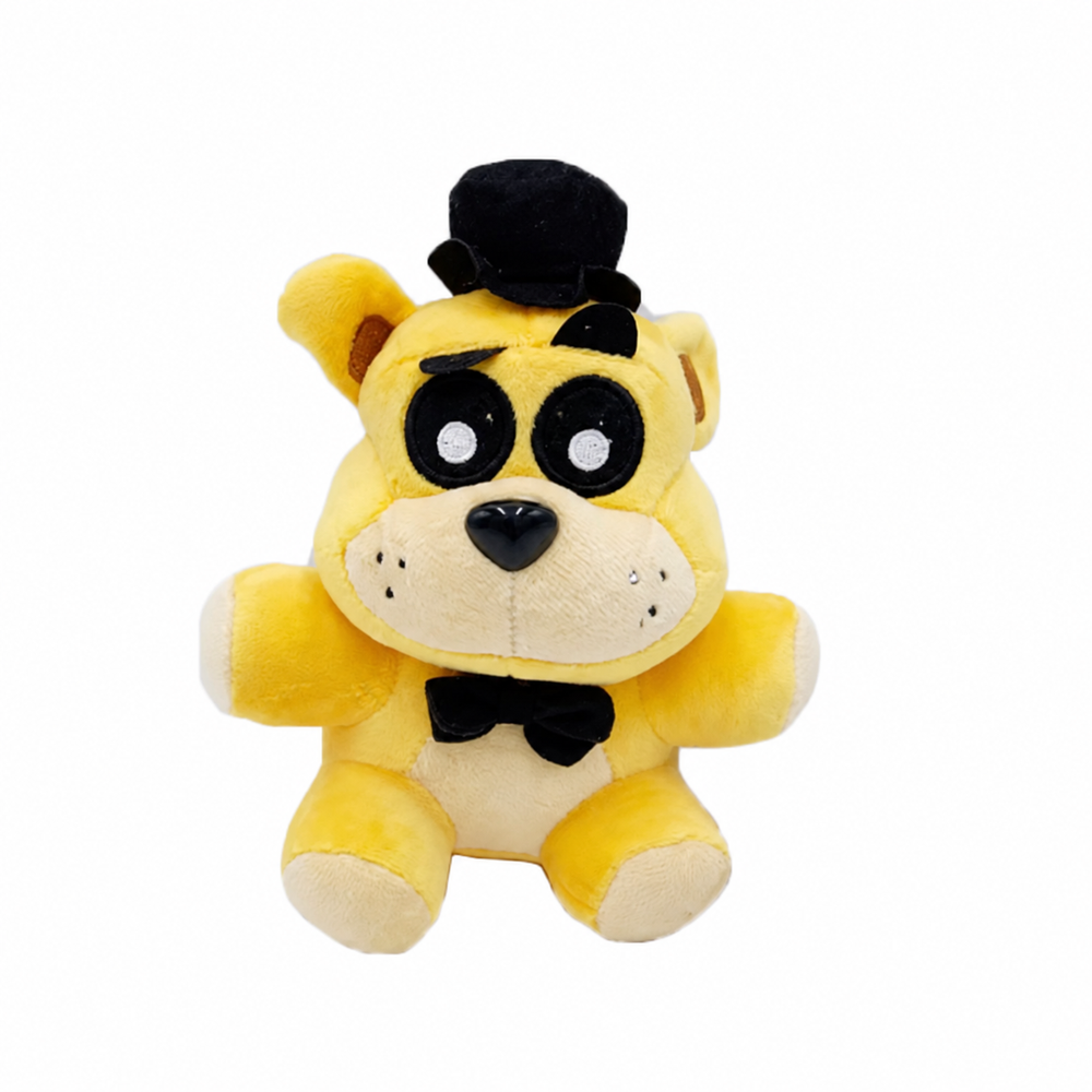 Yellow Golden Freddy FNAF plush with dark eyes, black top hat, and bow tie