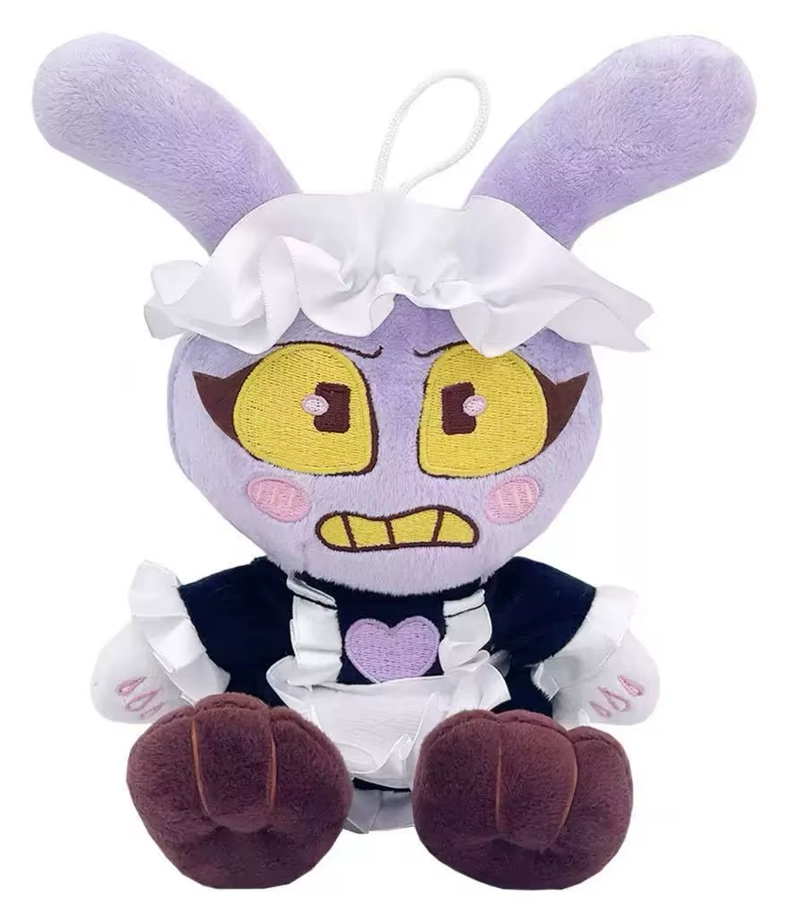 Purple Jax plush in a black and white maid outfit with yellow eyes and a purple heart