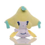 Jirachi character plush with yellow star-shaped head and teal accents on a white background