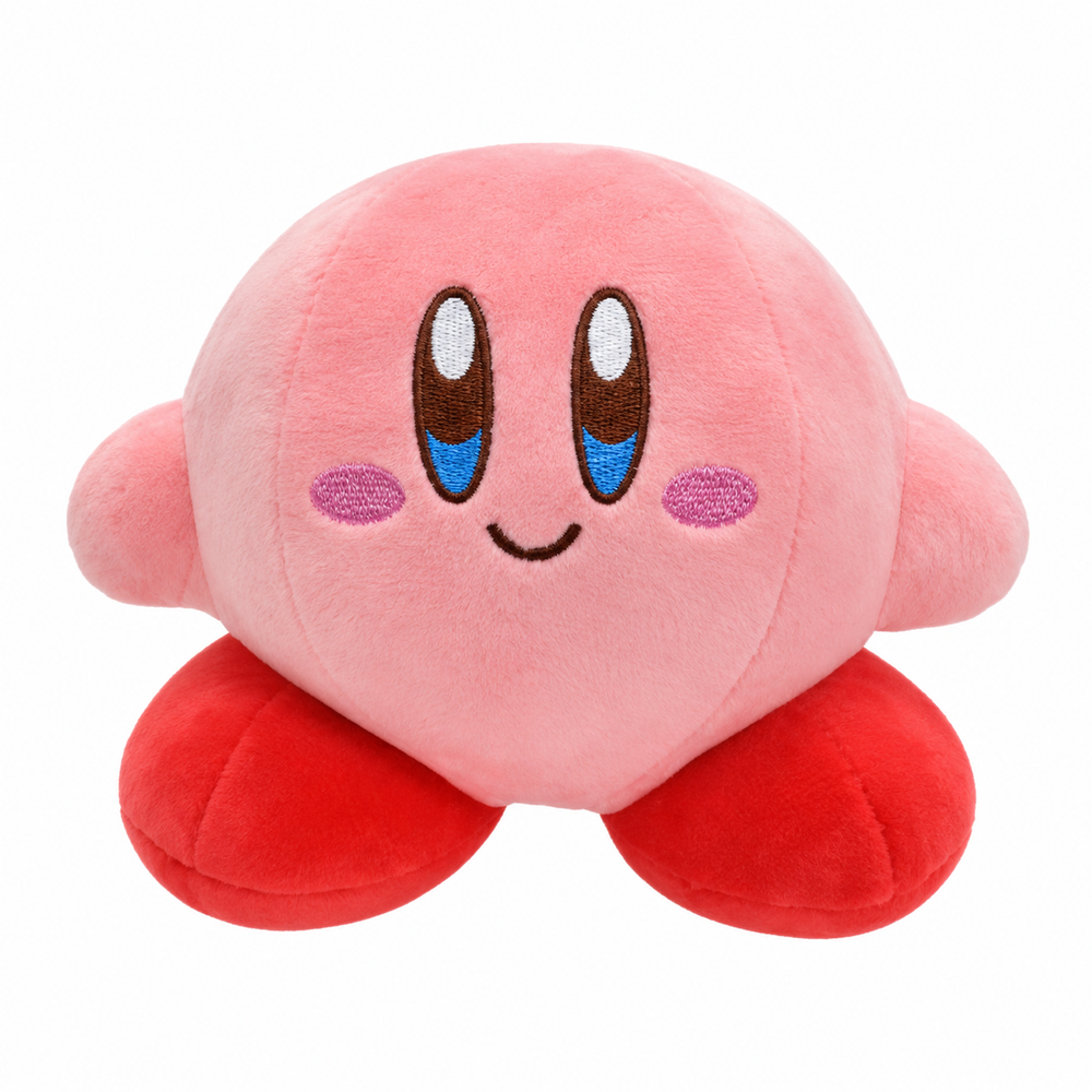 Pink Kirby plush with embroidered eyes, purple cheeks, and red feet