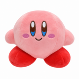 Pink Kirby plush with embroidered eyes, purple cheeks, and red feet