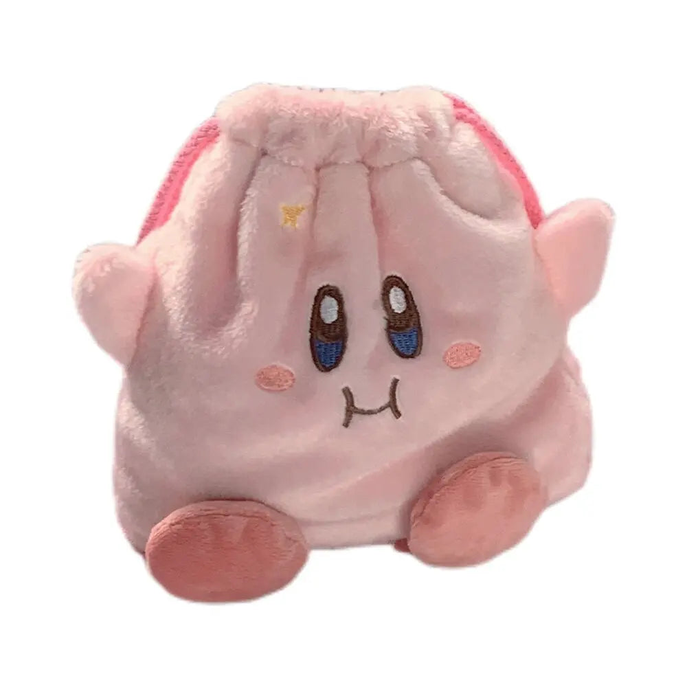 Pink Kirby plush drawstring pouch with embroidered blue eyes, pink cheeks and feet