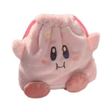 Pink Kirby plush drawstring pouch with embroidered blue eyes, pink cheeks and feet