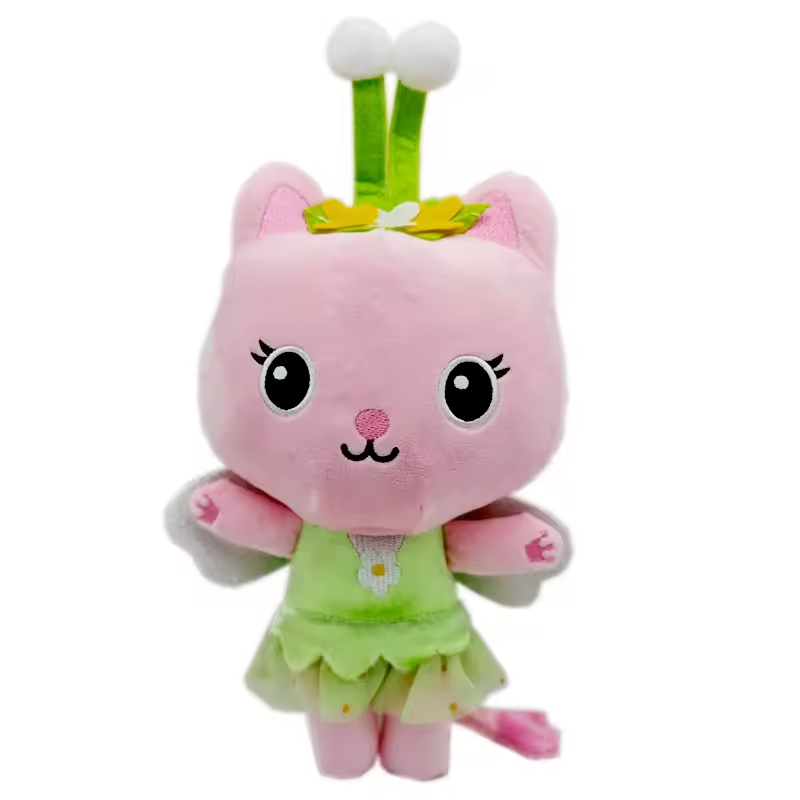 Kitty Fairy plush with a pink face, green dress, wings, and flower crown