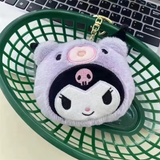 Kuromi plush coin purse in a lavender bear hood with embroidered face and gold-tone clip