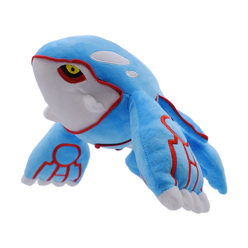 Blue 35 cm Kyogre plush with red markings, yellow eyes, and white fin tips