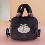 Lucifer gray cat plush handbag with green eyes, white muzzle, purple ears, handles, and printed shoulder strap