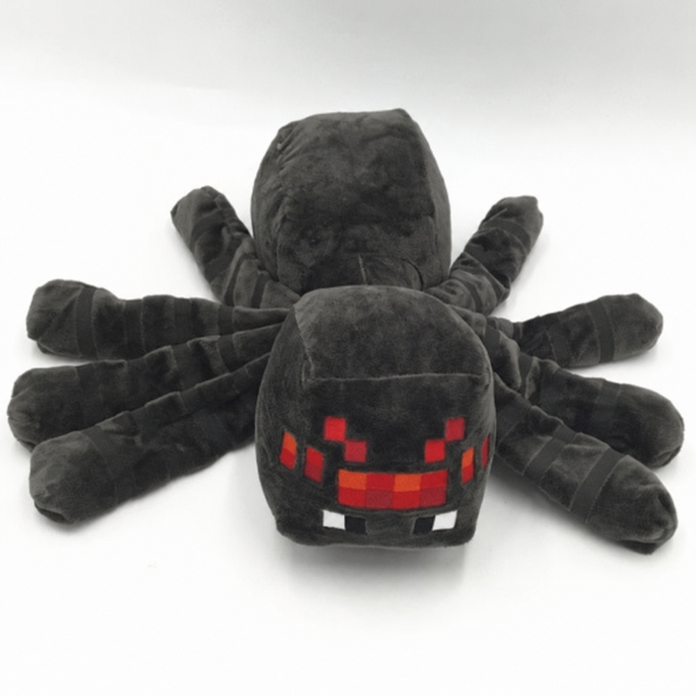 Black Minecraft spider plush with eight legs, red pixel eyes, and white square fangs