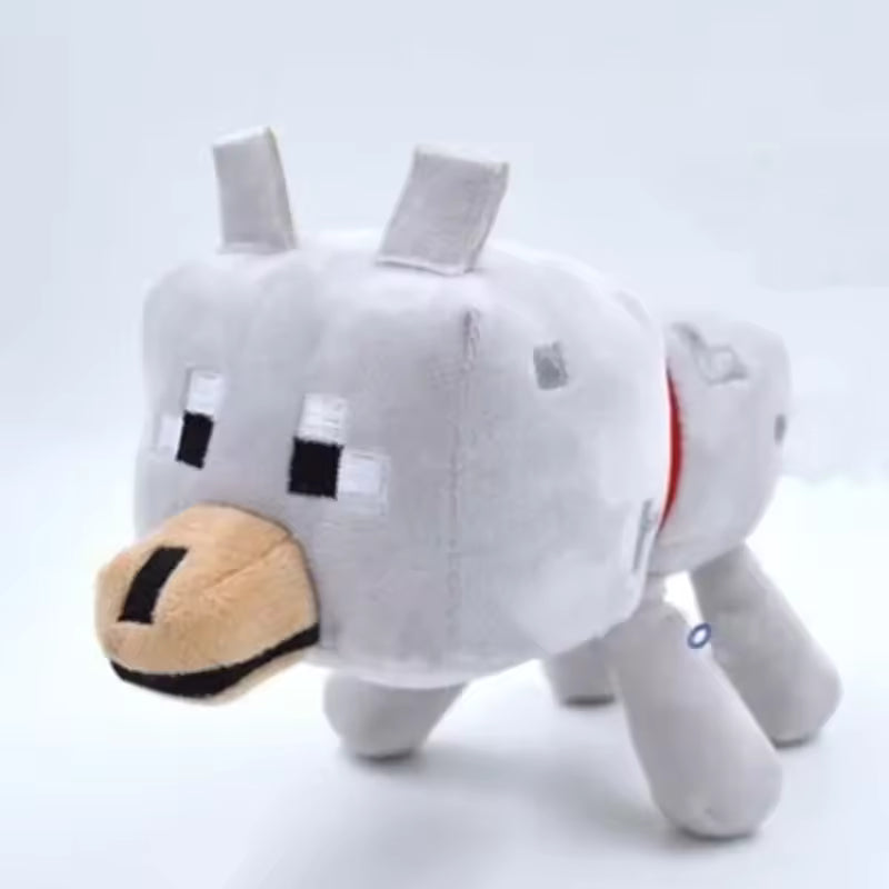 Gray Minecraft wolf plush with upright ears, tan muzzle, black nose, and red collar
