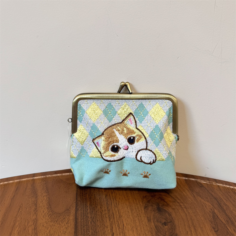 Mofusand Embroidered Cat Coin Purse – Mint — 1pcs