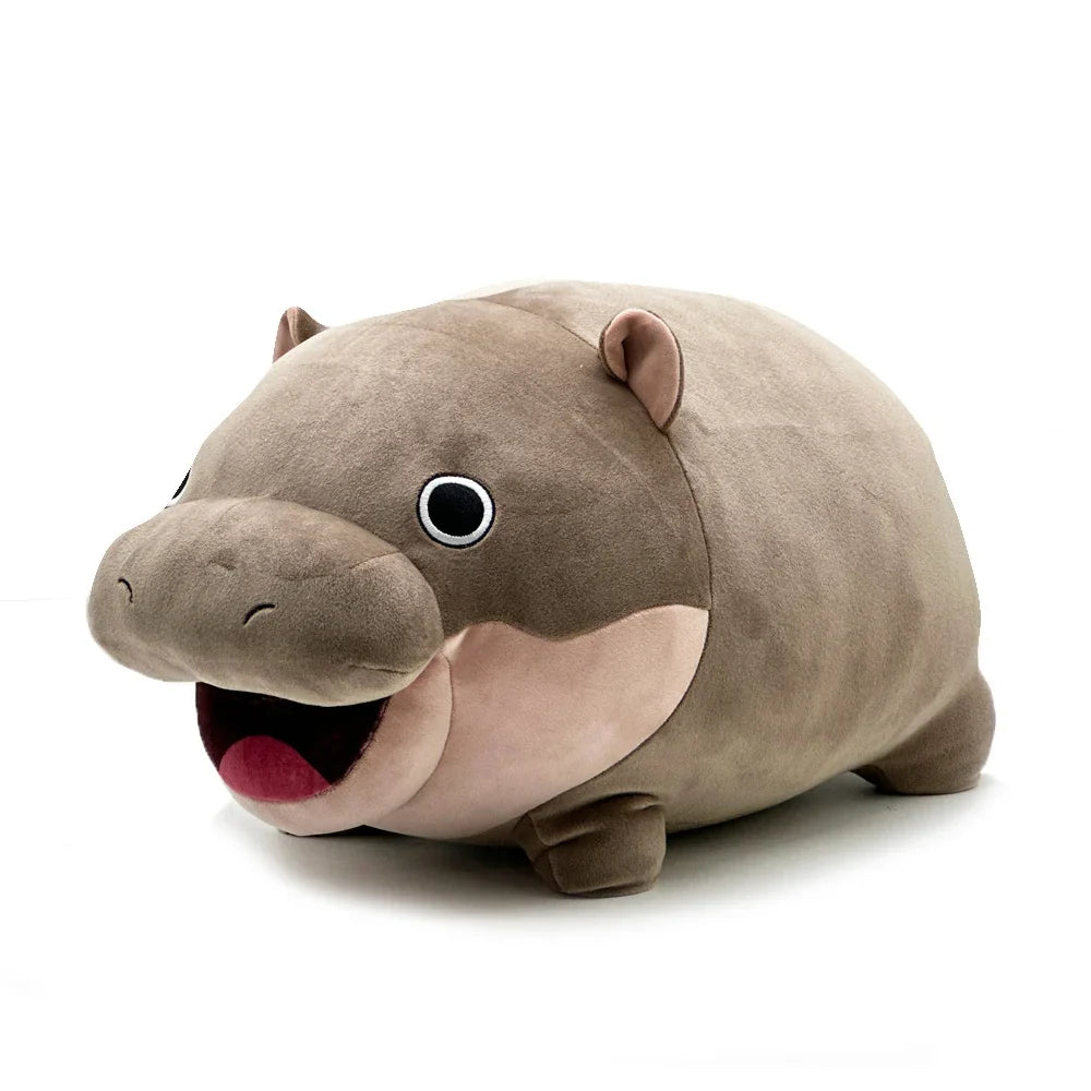 Round brown Moo Deng-inspired hippo plush with small ears, an open smiling mouth, pink tongue and short feet
