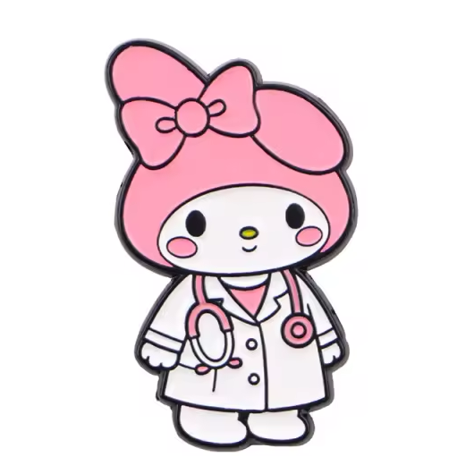 My Melody enamel pin in a white doctor coat with a pink bow and stethoscope