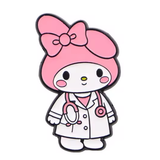 My Melody enamel pin in a white doctor coat with a pink bow and stethoscope