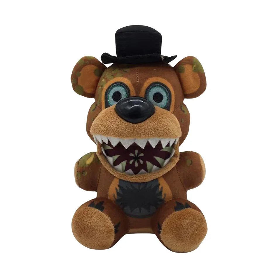 Brown Nightmare Freddy FNAF plush with black top hat and jagged teeth