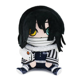 Obanai Iguro seated plush with black hair and different-colored eyes and striped haori and white snake detail