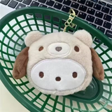 Pochacco plush coin purse in a beige bear hood with brown ears and gold-tone clip
