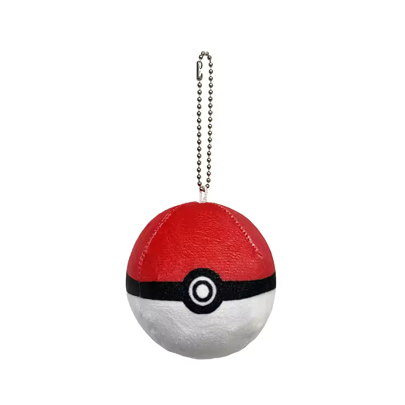 Red-and-white Poké Ball plush keychain with a bead chain