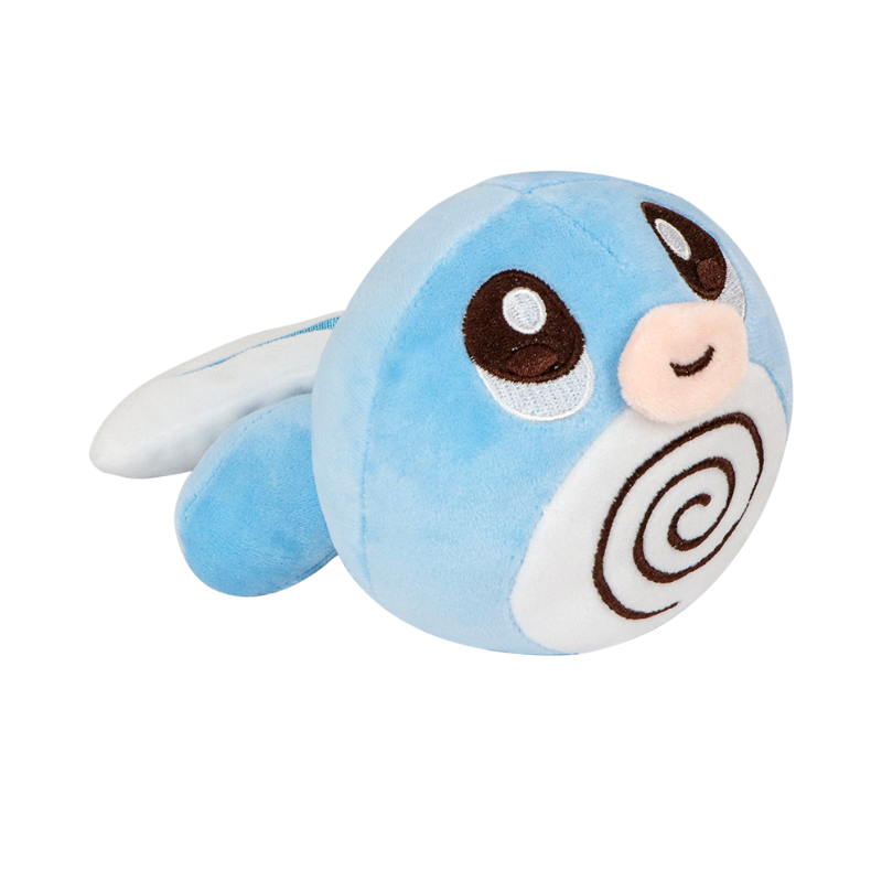 Blue Poliwag Pokémon plush with spiral belly, rounded mouth and white tail