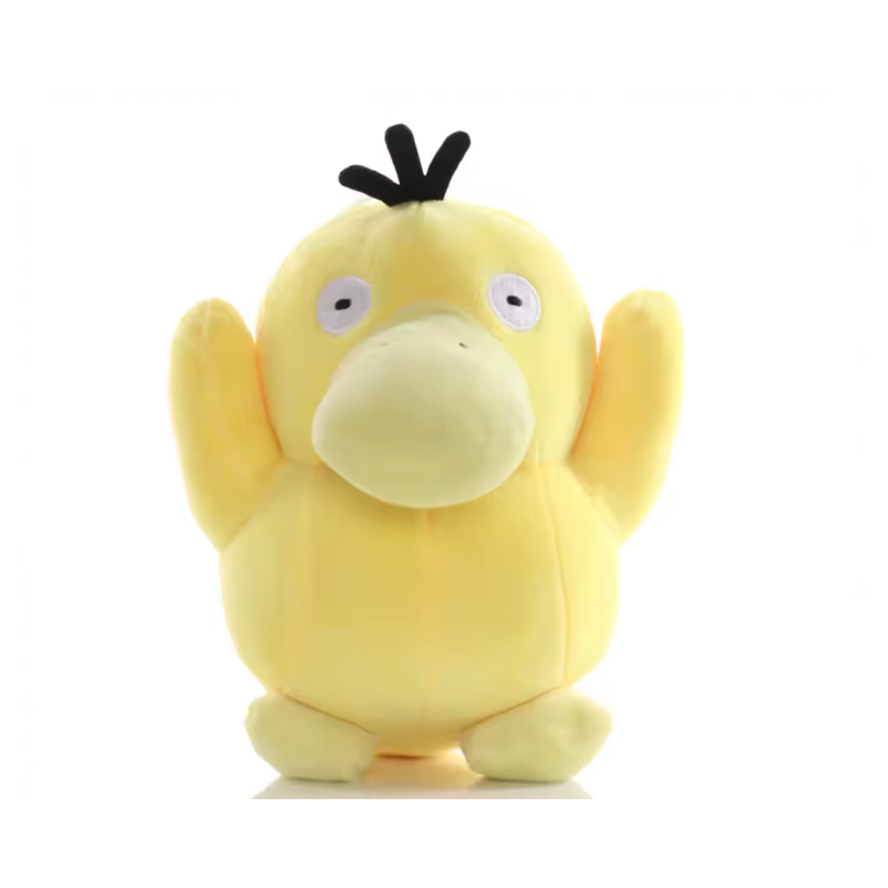 Yellow Psyduck character plush with raised arms and black head feathers on a white background