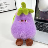 Purple eggplant plush charm with green leafy top, embroidered face, brown feet and green hanging loop