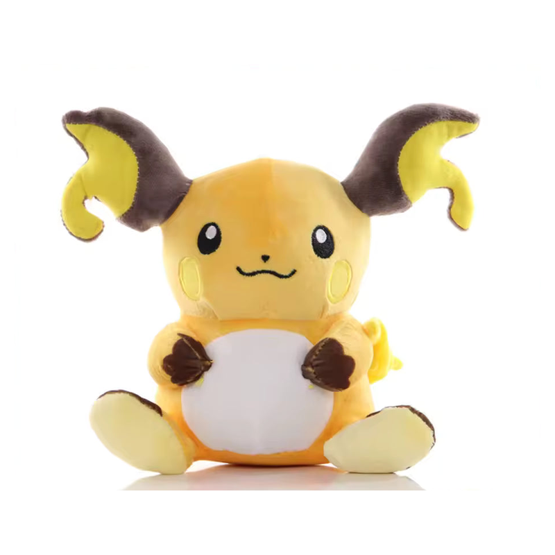 Raichu character plush with orange body, curled brown ears and white belly on a white background