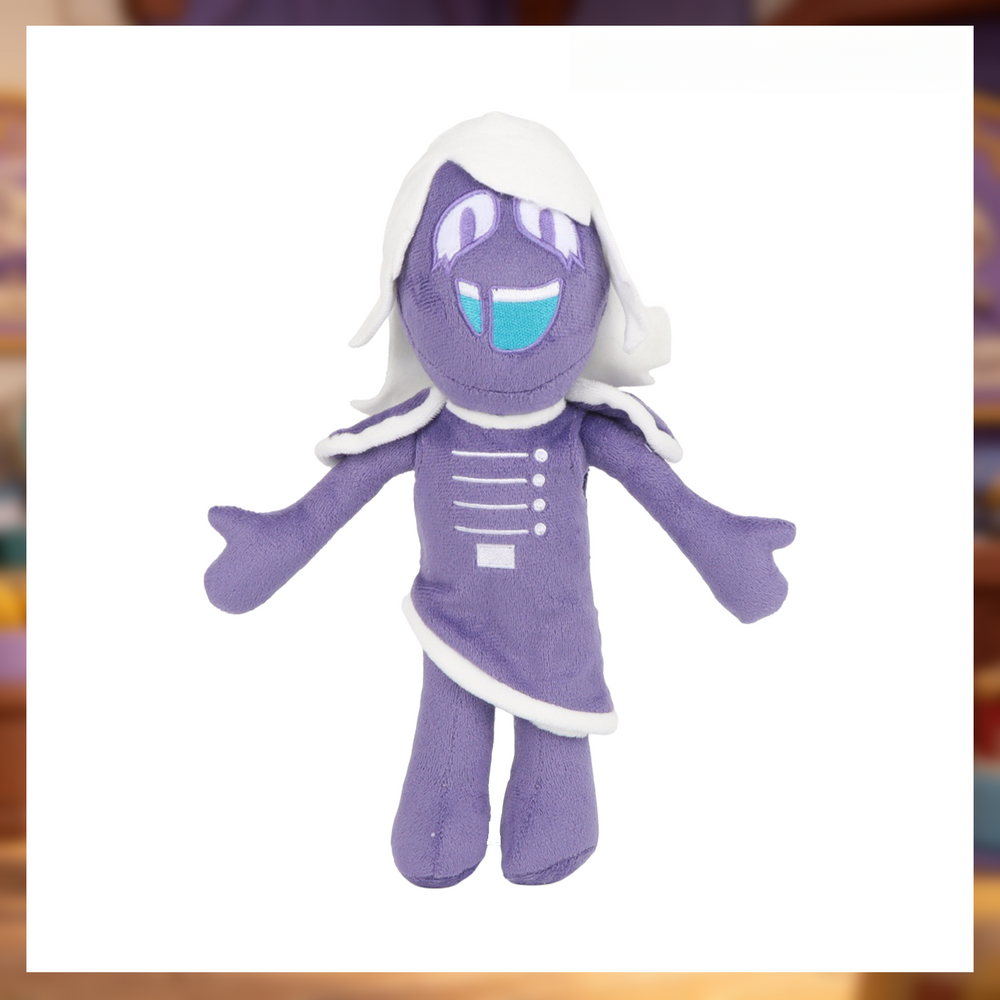 Purple Rouxls Kaard plush with long white hair, embroidered eyes, turquoise smile, and white-trimmed outfit