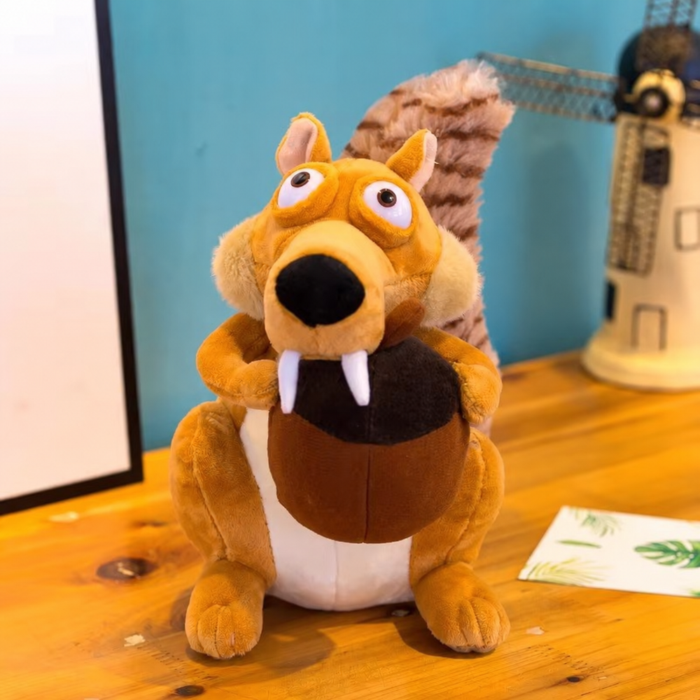 Scrat Ice Age plush holding an acorn with long fangs and a striped tail