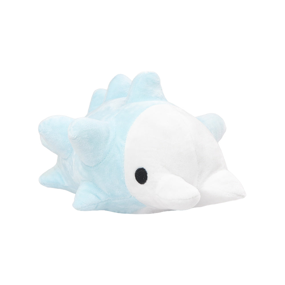 White and pale blue Snom Pokémon plush with black eyes and raised back details
