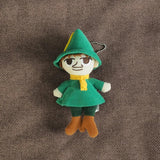 Snufkin plush keychain with green pointed hat, yellow feather, green coat and metal ball chain