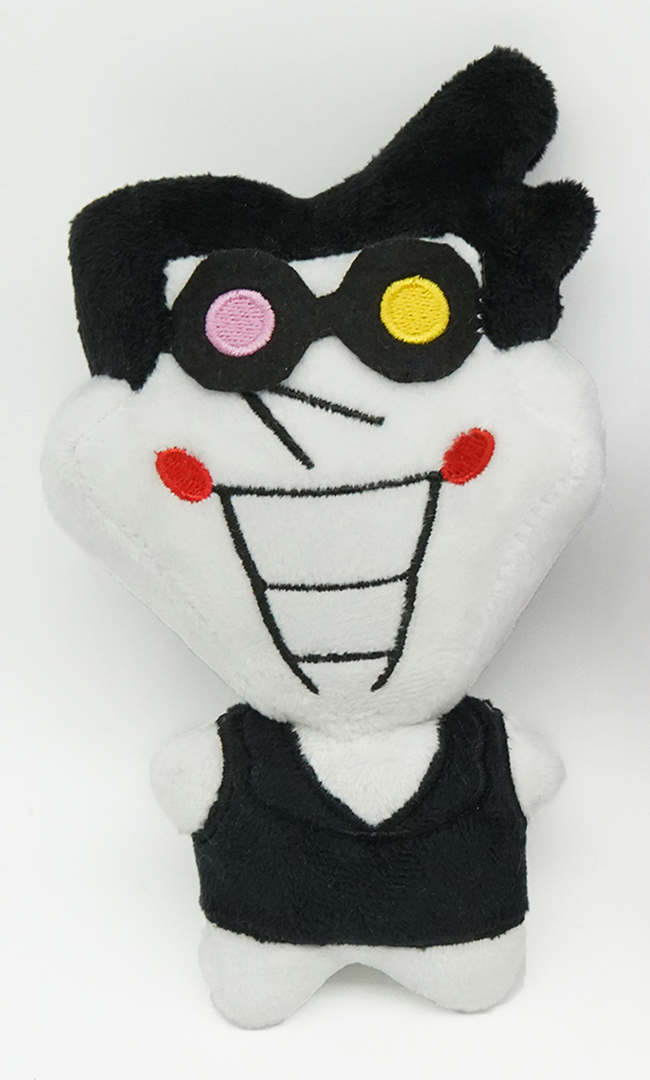 Spamton plush with black hair, pink and yellow glasses, red cheeks, and a black outfit