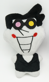 Spamton plush with black hair, pink and yellow glasses, red cheeks, and a black outfit