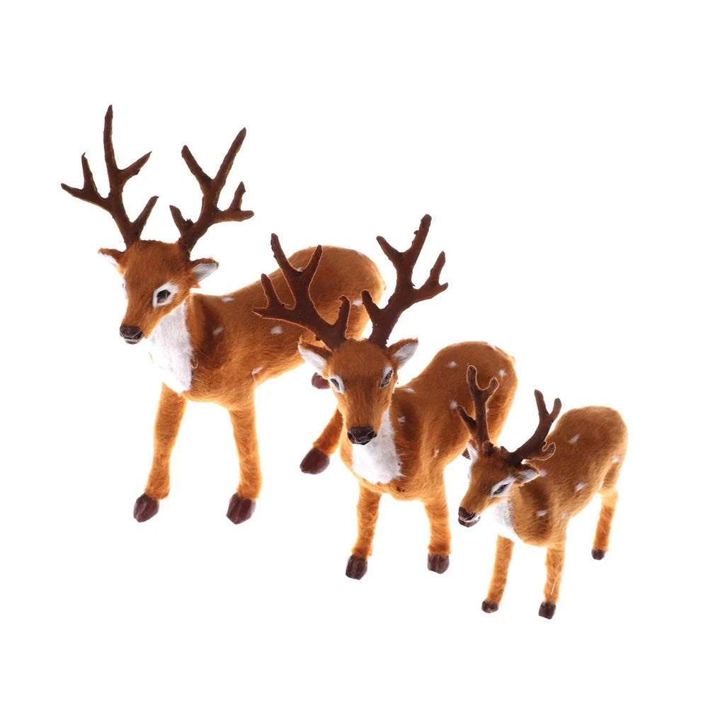 Three brown standing reindeer decorations showing the available 15, 20, and 25 cm sizes for comparison
