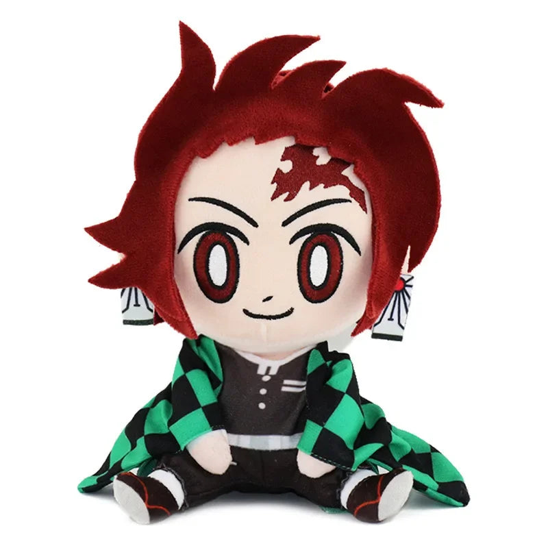 Tanjiro Kamado seated plush with burgundy hair and forehead scar and green-and-black checkered haori