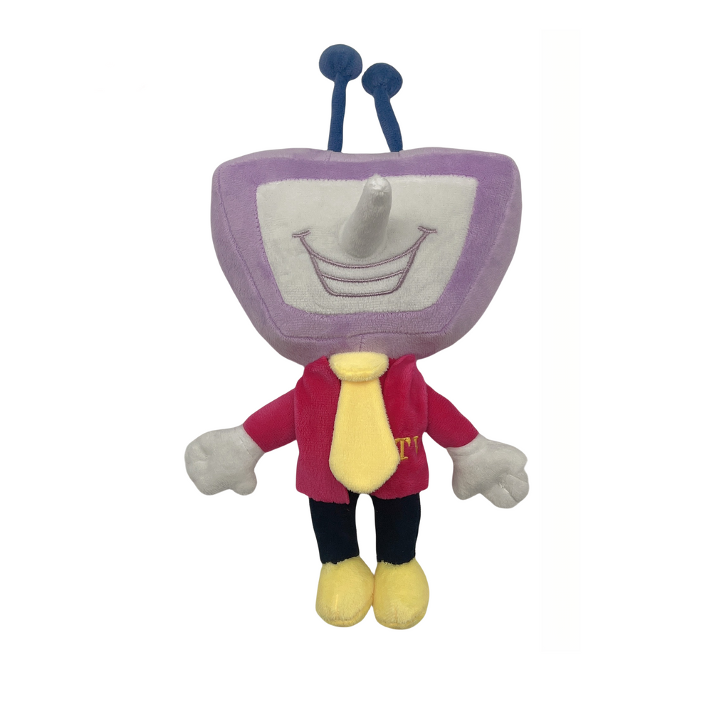 Tenna plush with purple television head, stitched grin, dark blue antennas, red jacket, and yellow tie and shoes