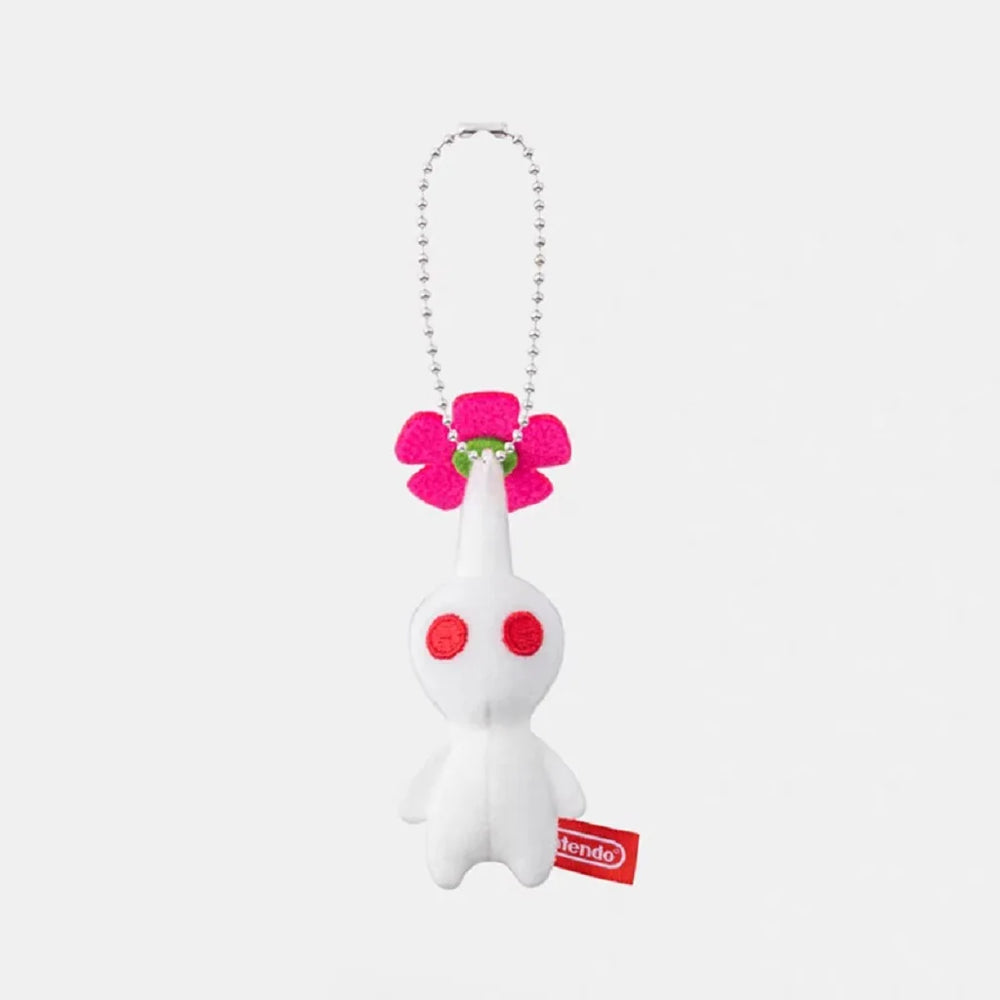 White Pikmin plush keychain with red embroidered eyes, pink flower and metal ball chain