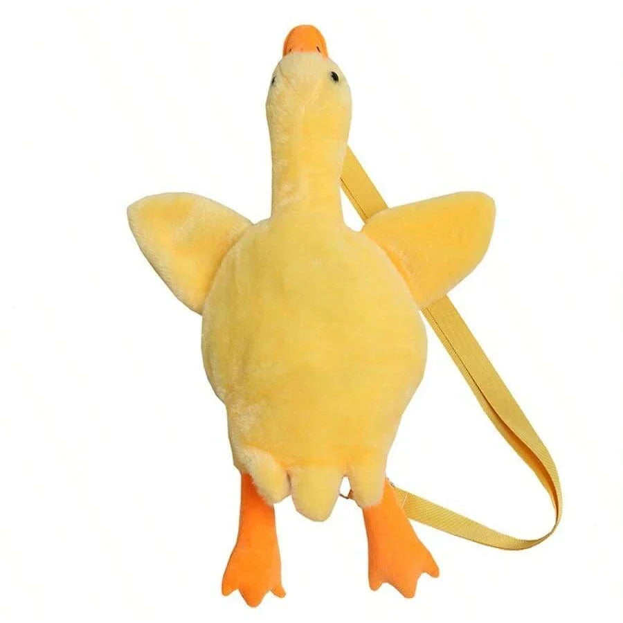 Yellow duck plush shoulder bag with a long neck, orange beak and feet, outstretched wings and matching shoulder strap