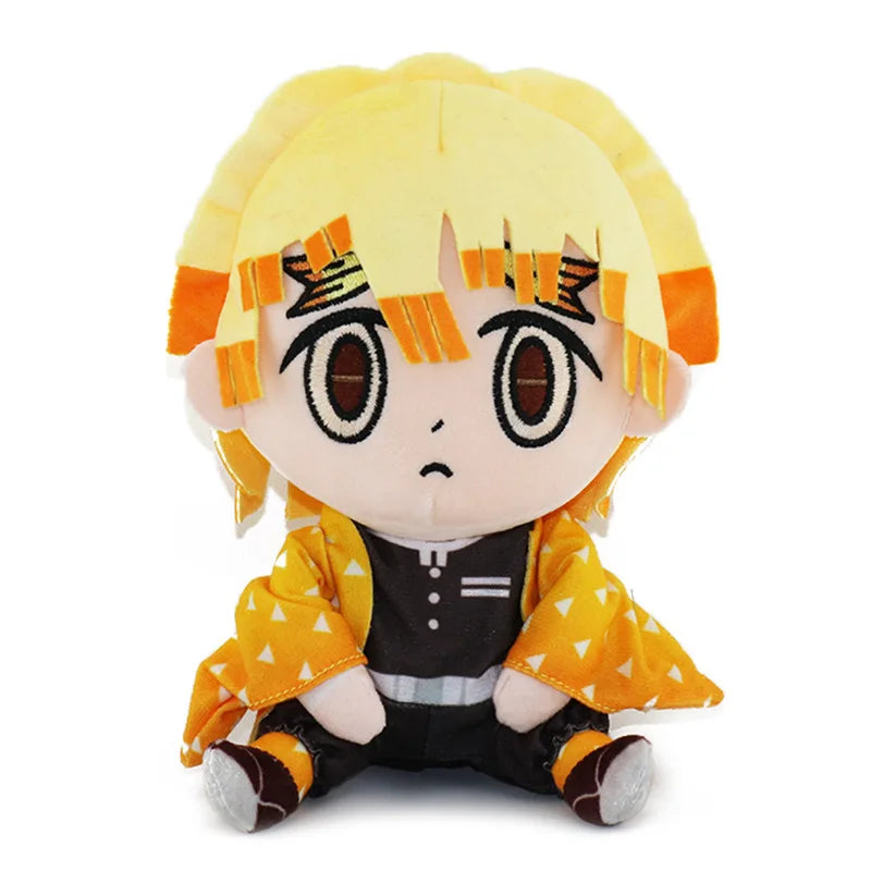 Zenitsu Agatsuma seated plush with yellow-and-orange hair and yellow triangle-patterned haori