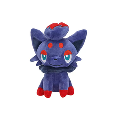 Zorua plush with pointed ears, teal eyes and red accents