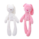 White and pink long-eared bunny plush toys with stitched faces and X belly accents, 42 cm