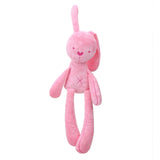 Pink long-eared bunny plush with contrasting ear panels, stitched face, and X belly accent