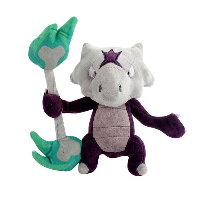 Alolan Marowak Pokémon plush with a white skull-shaped head, purple body, and bone with green flame details