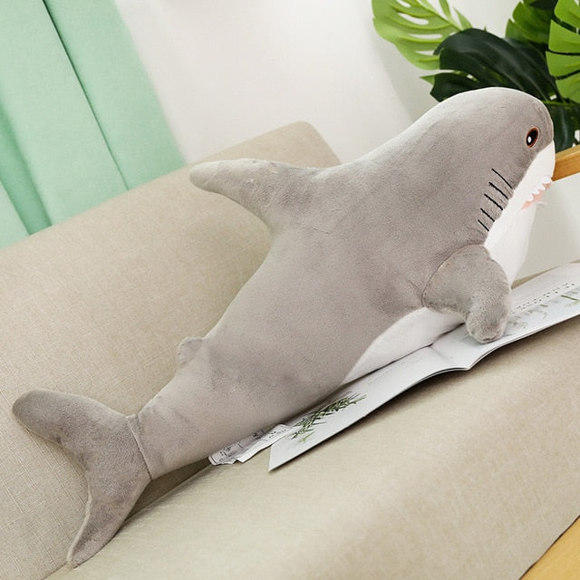 Gray shark plush with white belly and tall dorsal fin