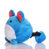 Side view of blue Marill Pokémon plush showing its white belly and black zigzag tail with blue ball