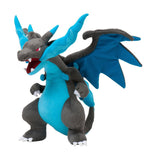 Dark gray Mega Charizard X plush with blue belly, wings, and mouth flames