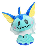 Mimikyu Vaporeon cosplay plush with pale blue colors, blue-and-yellow ears, a white neck ruff, and pink cheeks